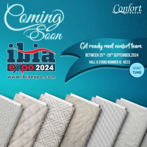 Confort Tex at IBIA Expo 2024, Istanbul Fair Center, September 25th - 28th, showcasing polyester fabrics for mattresses and clothing.